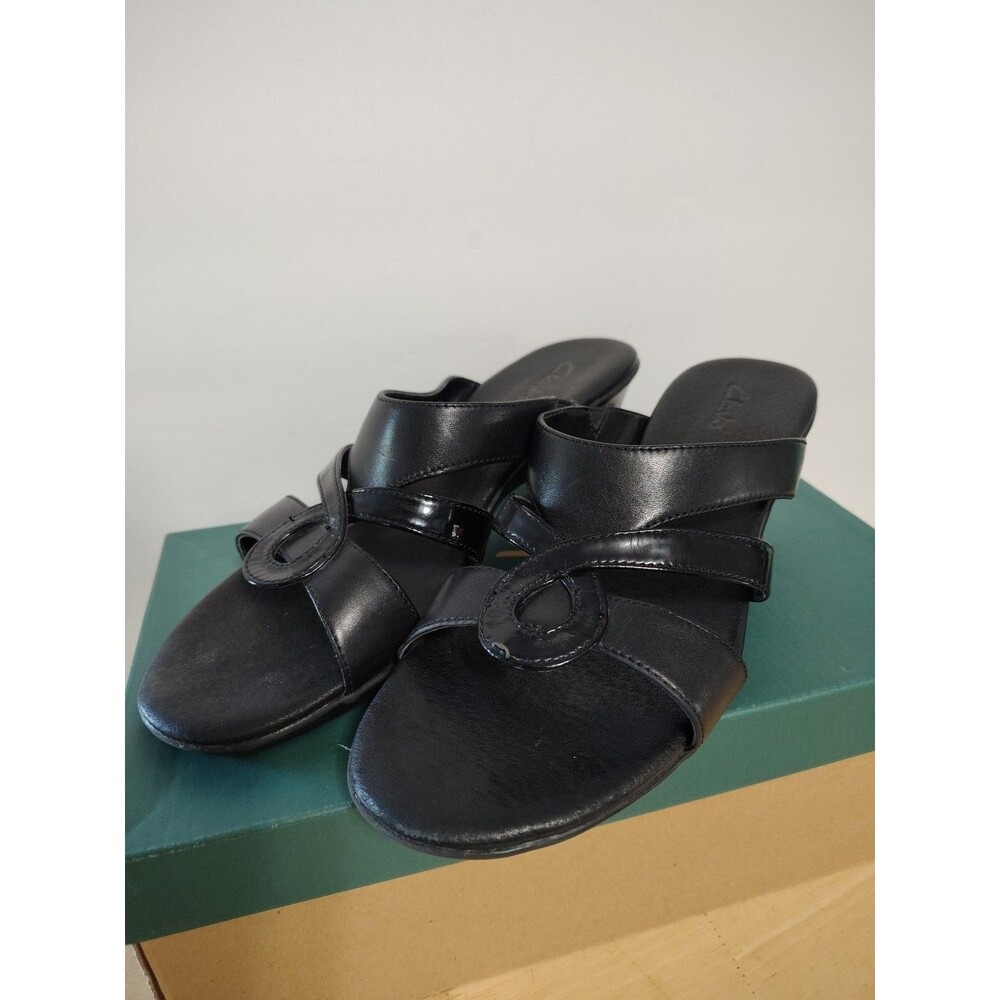 Clarks 10M Womens Christin Black Leather Sandals Slide Block Heel Open Toe Pump